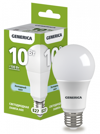 Лампа светодиодная A60 груша 10Вт 230В 6500К E27 GENERICA – №1